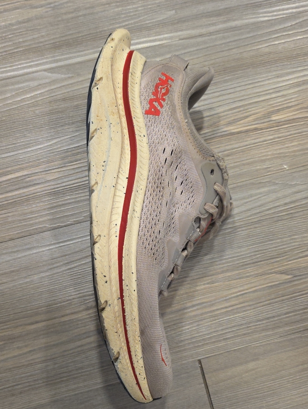 Hoka Men's Sand/Tan Running Shoe with Red Accents